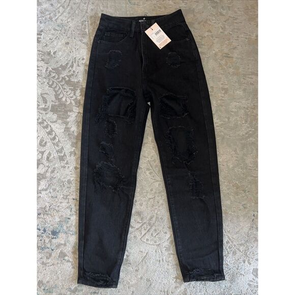 NWT Missguided Black High Rise Riot Denim Ripped Mom Jeans Size 0 Petite - Picture 3 of 7